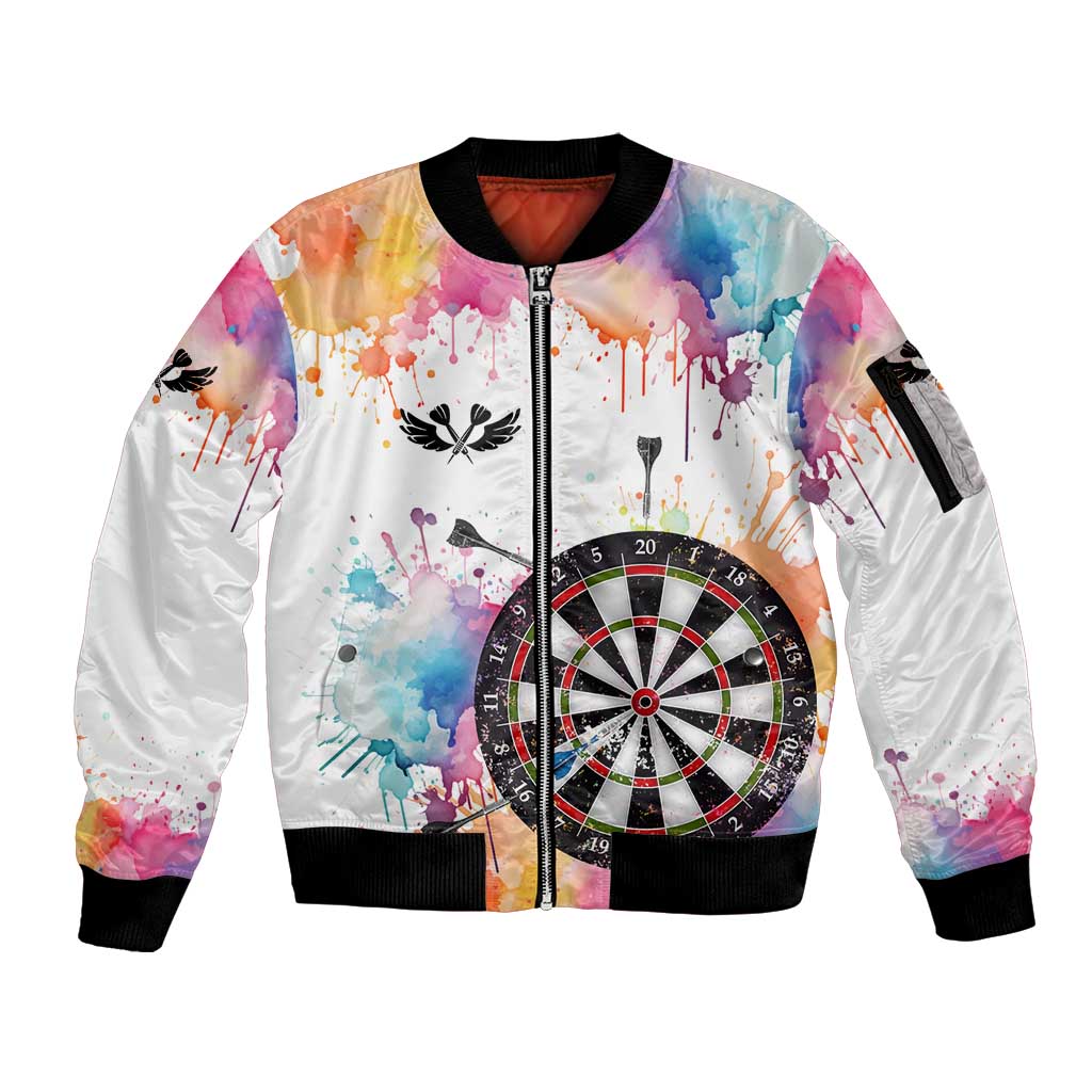 Custom Name Darts Sleeve Zip Bomber Jacket Funny Dartboards Colorful Paint Aim Shoot Swear Repeat - Wonder Print Shop