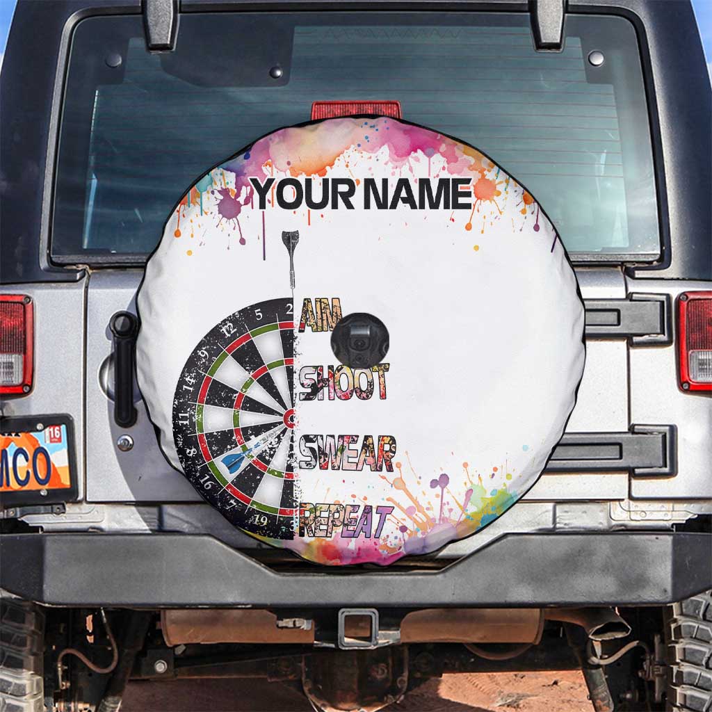 Custom Name Darts Spare Tire Cover Funny Dartboards Colorful Paint Aim Shoot Swear Repeat - Wonder Print Shop