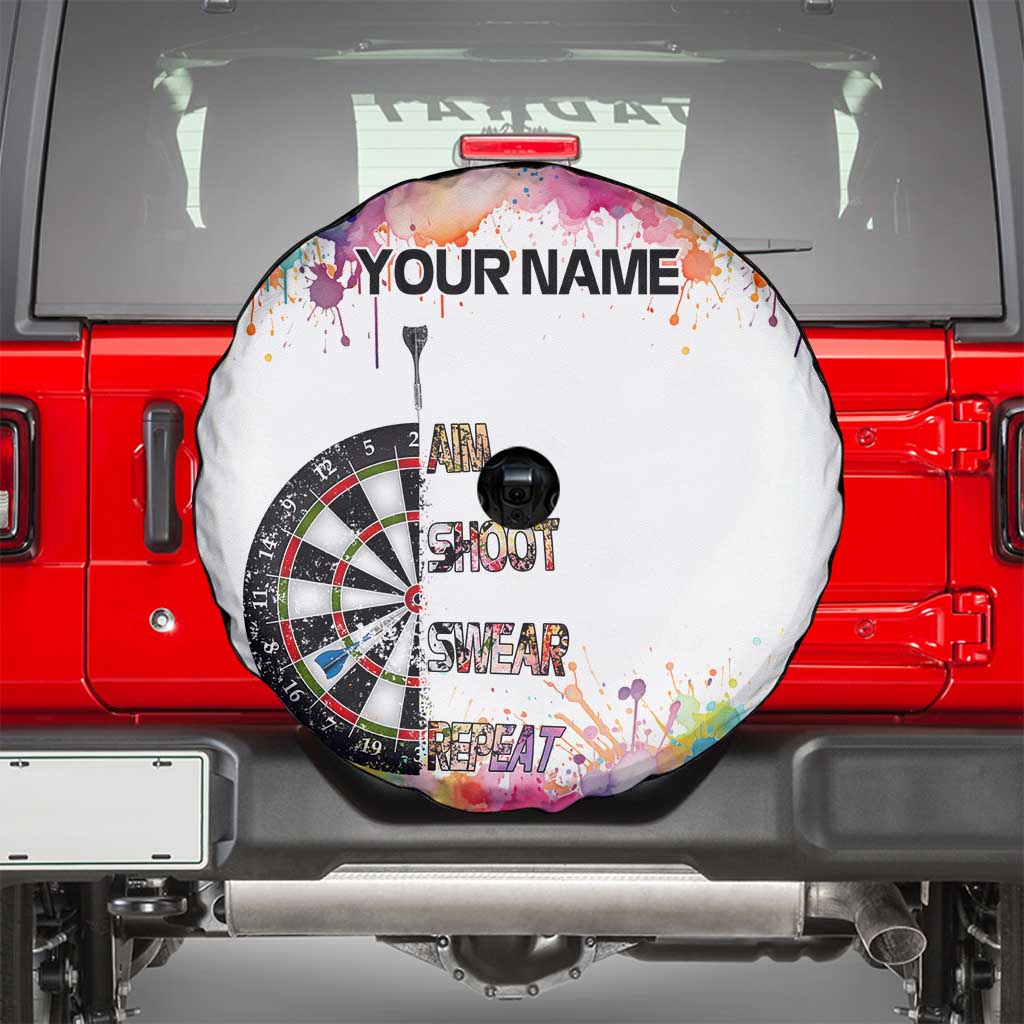 Custom Name Darts Spare Tire Cover Funny Dartboards Colorful Paint Aim Shoot Swear Repeat - Wonder Print Shop