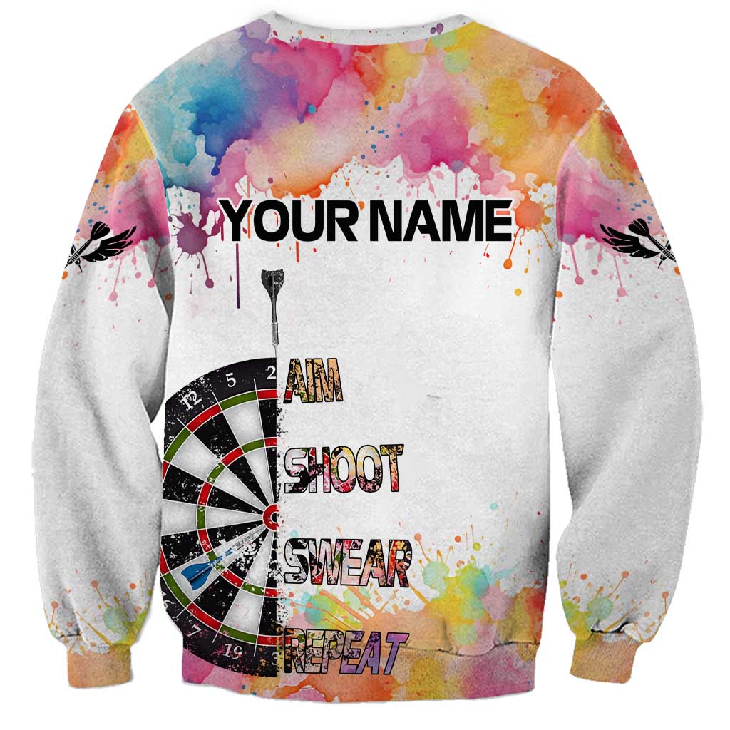 Custom Name Darts Sweatshirt Funny Dartboards Colorful Paint Aim Shoot Swear Repeat - Wonder Print Shop