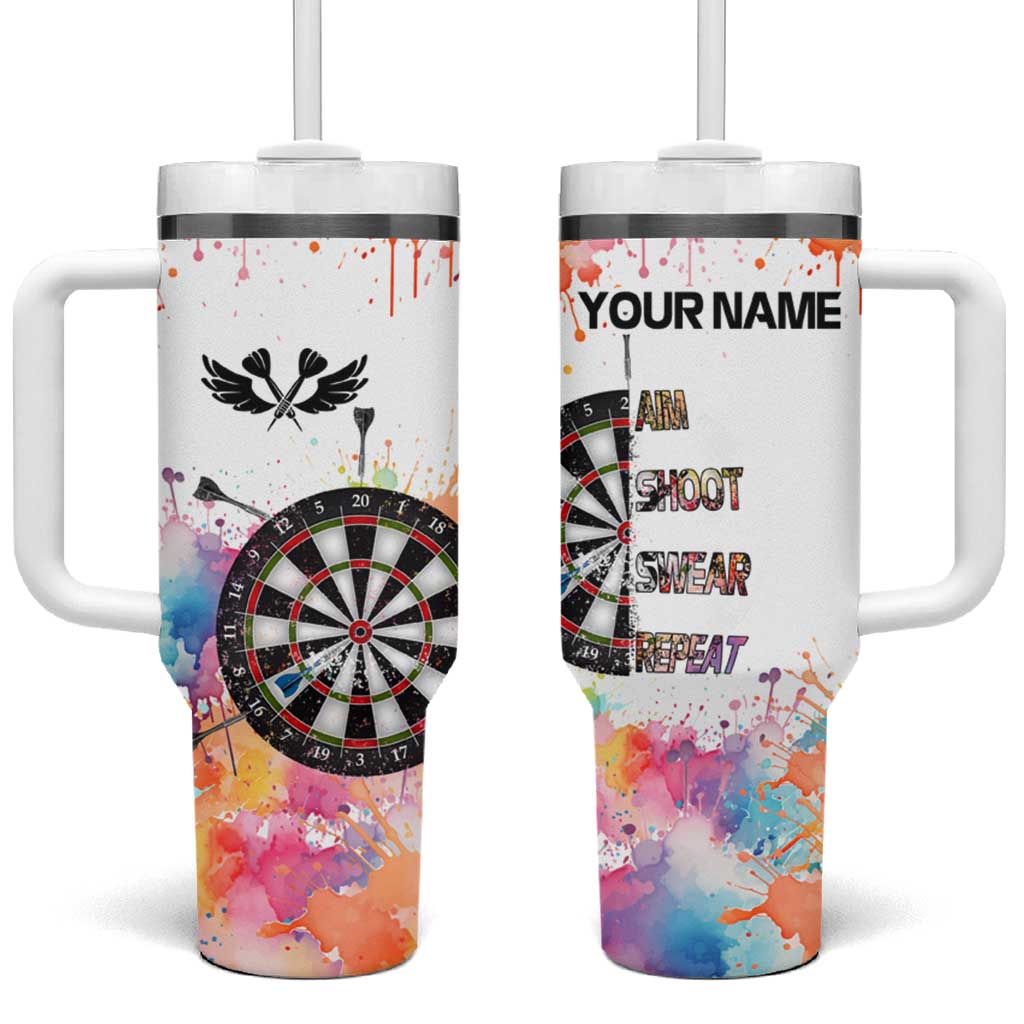 Custom Name Darts Tumbler With Handle Funny Dartboards Colorful Paint Aim Shoot Swear Repeat - Wonder Print Shop