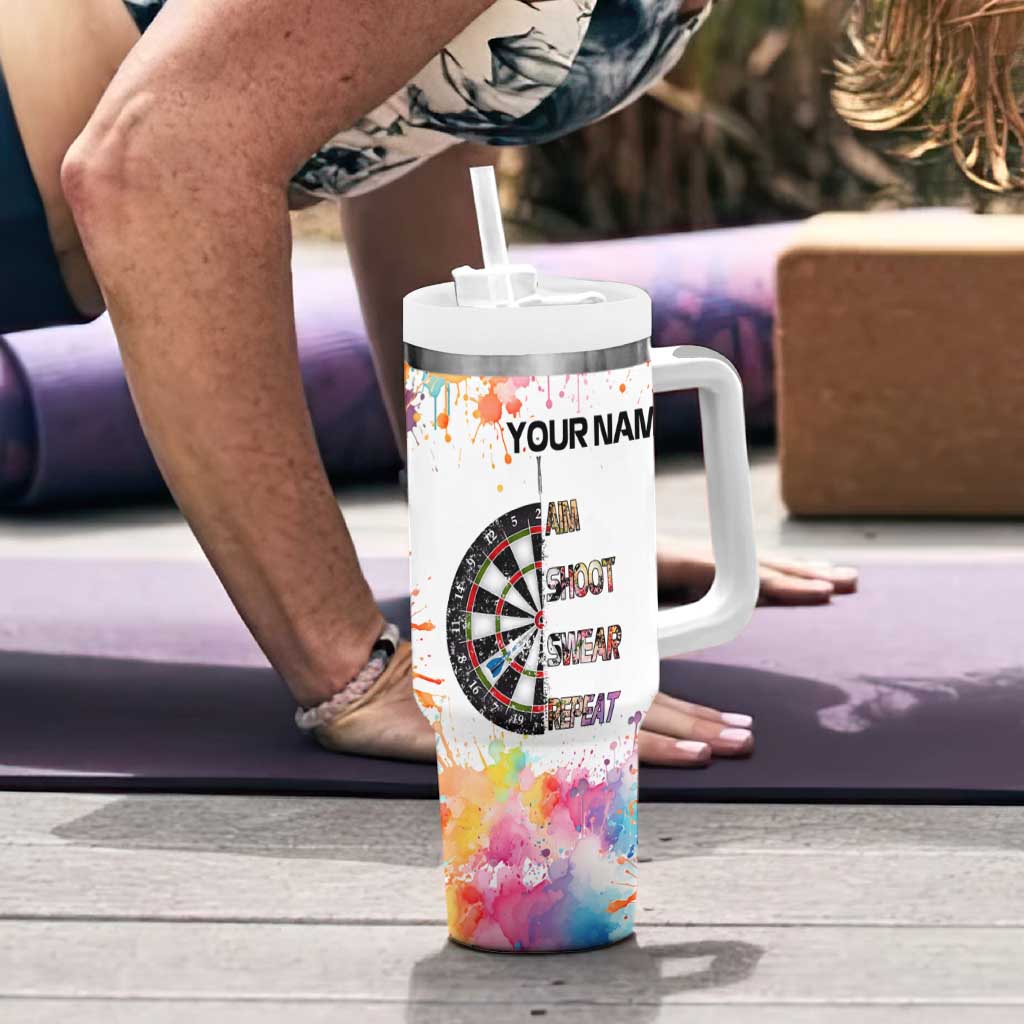 Custom Name Darts Tumbler With Handle Funny Dartboards Colorful Paint Aim Shoot Swear Repeat - Wonder Print Shop