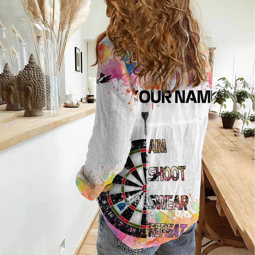 Custom Name Darts Women Casual Shirt Funny Dartboards Colorful Paint Aim Shoot Swear Repeat - Wonder Print Shop