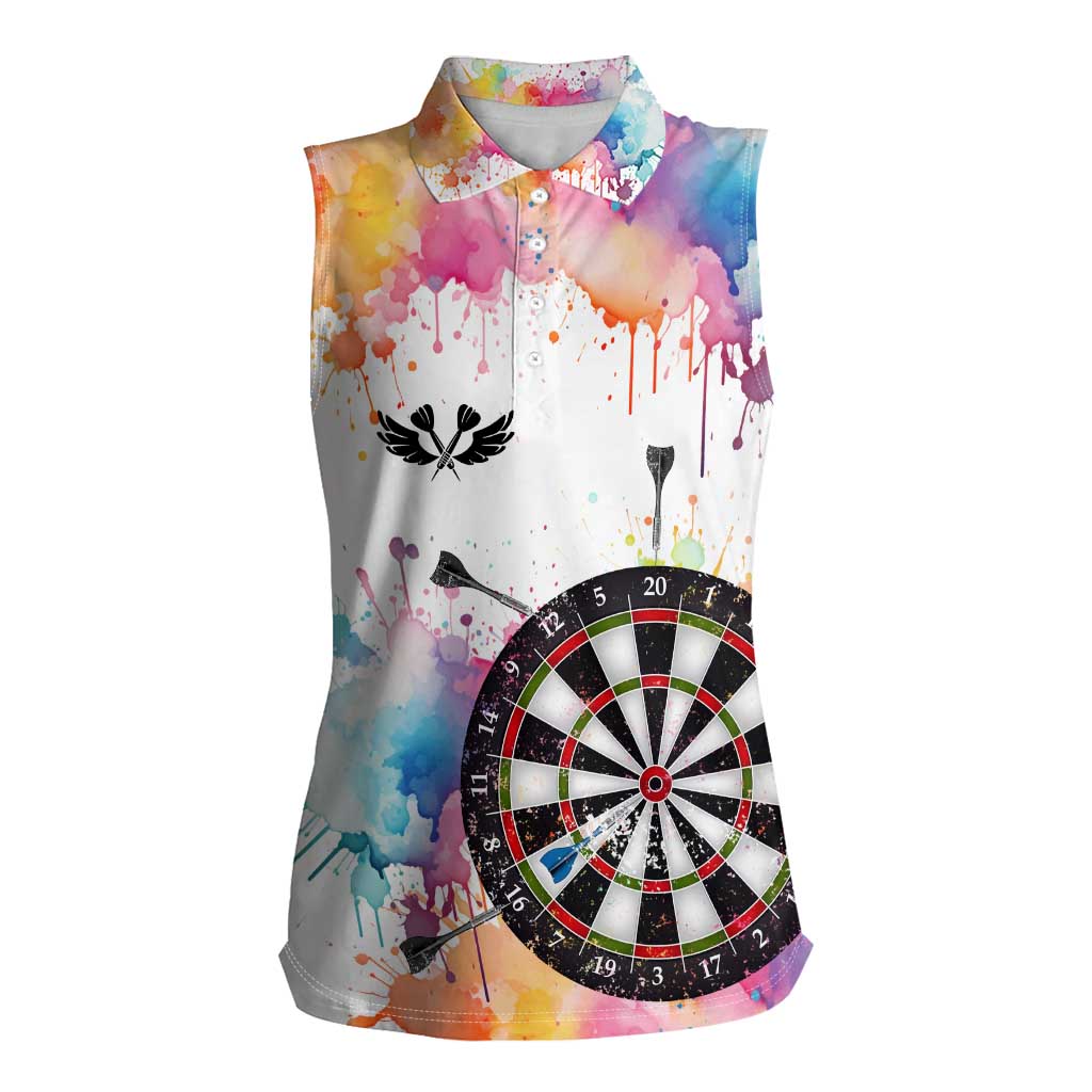 Custom Name Darts Women Sleeveless Polo Shirt Funny Dartboards Colorful Paint Aim Shoot Swear Repeat - Wonder Print Shop