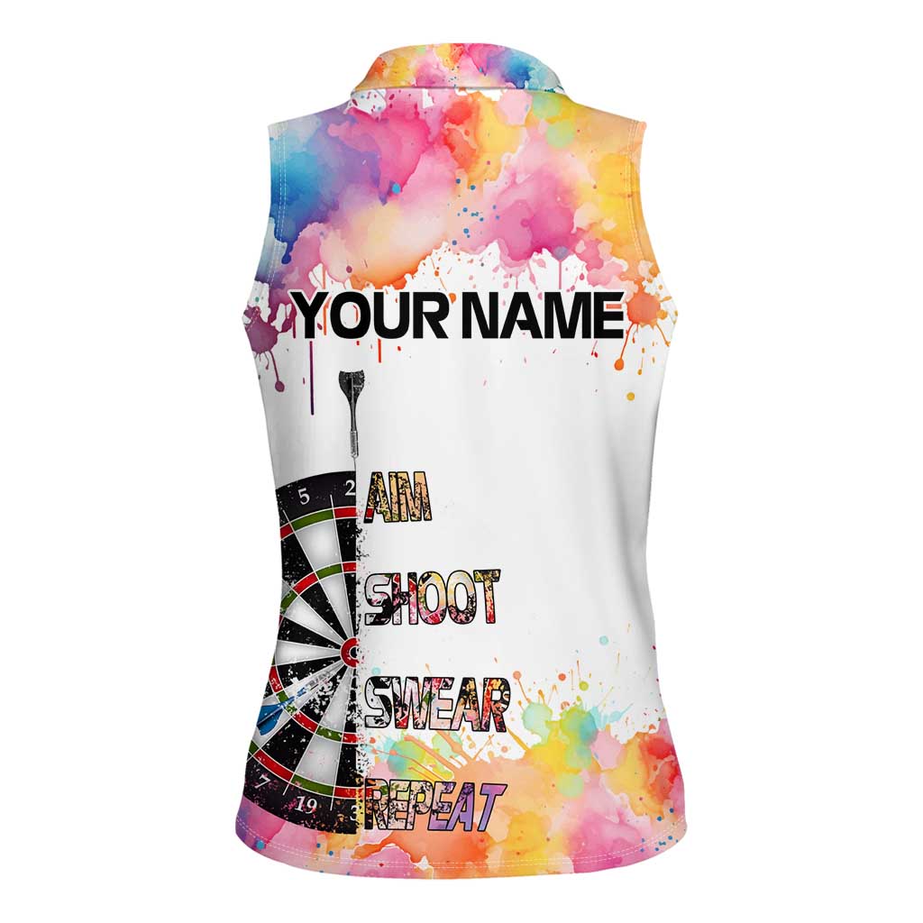 Custom Name Darts Women Sleeveless Polo Shirt Funny Dartboards Colorful Paint Aim Shoot Swear Repeat - Wonder Print Shop