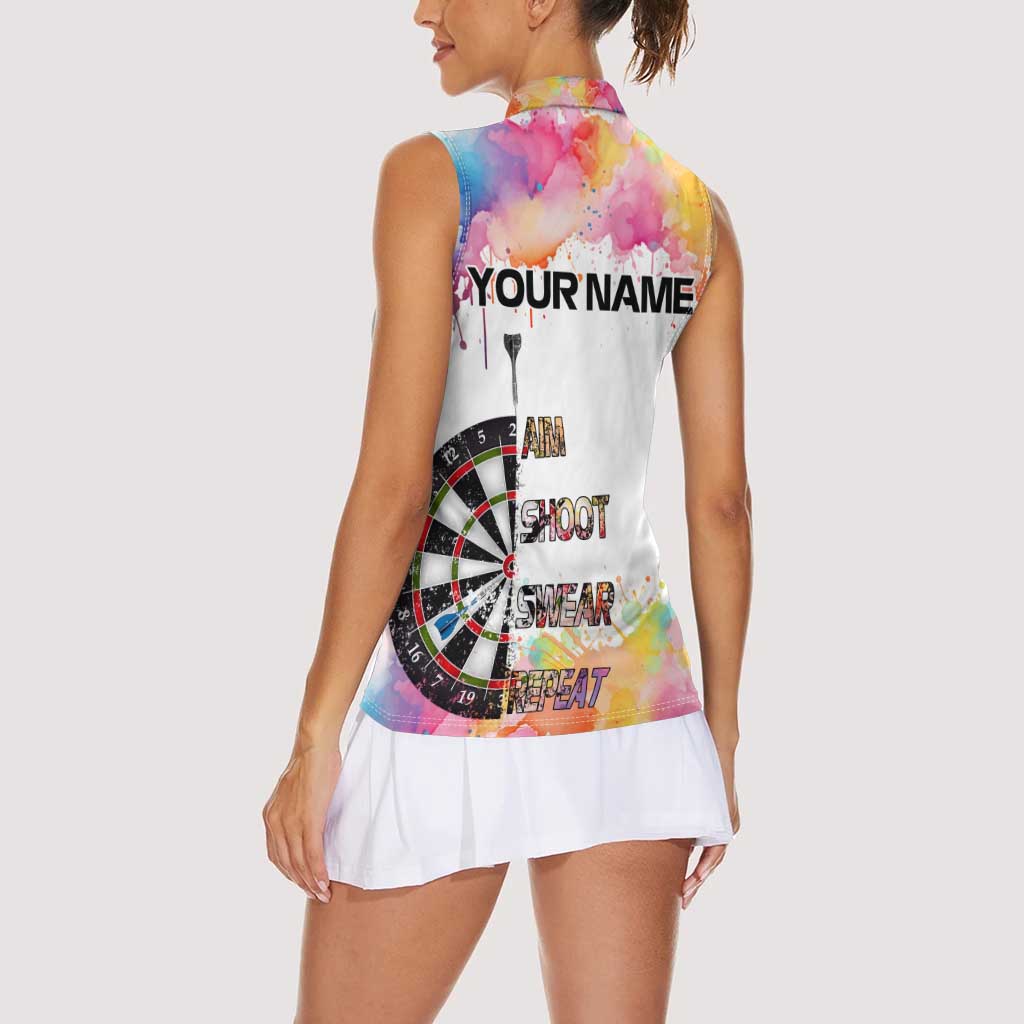 Custom Name Darts Women Sleeveless Polo Shirt Funny Dartboards Colorful Paint Aim Shoot Swear Repeat - Wonder Print Shop