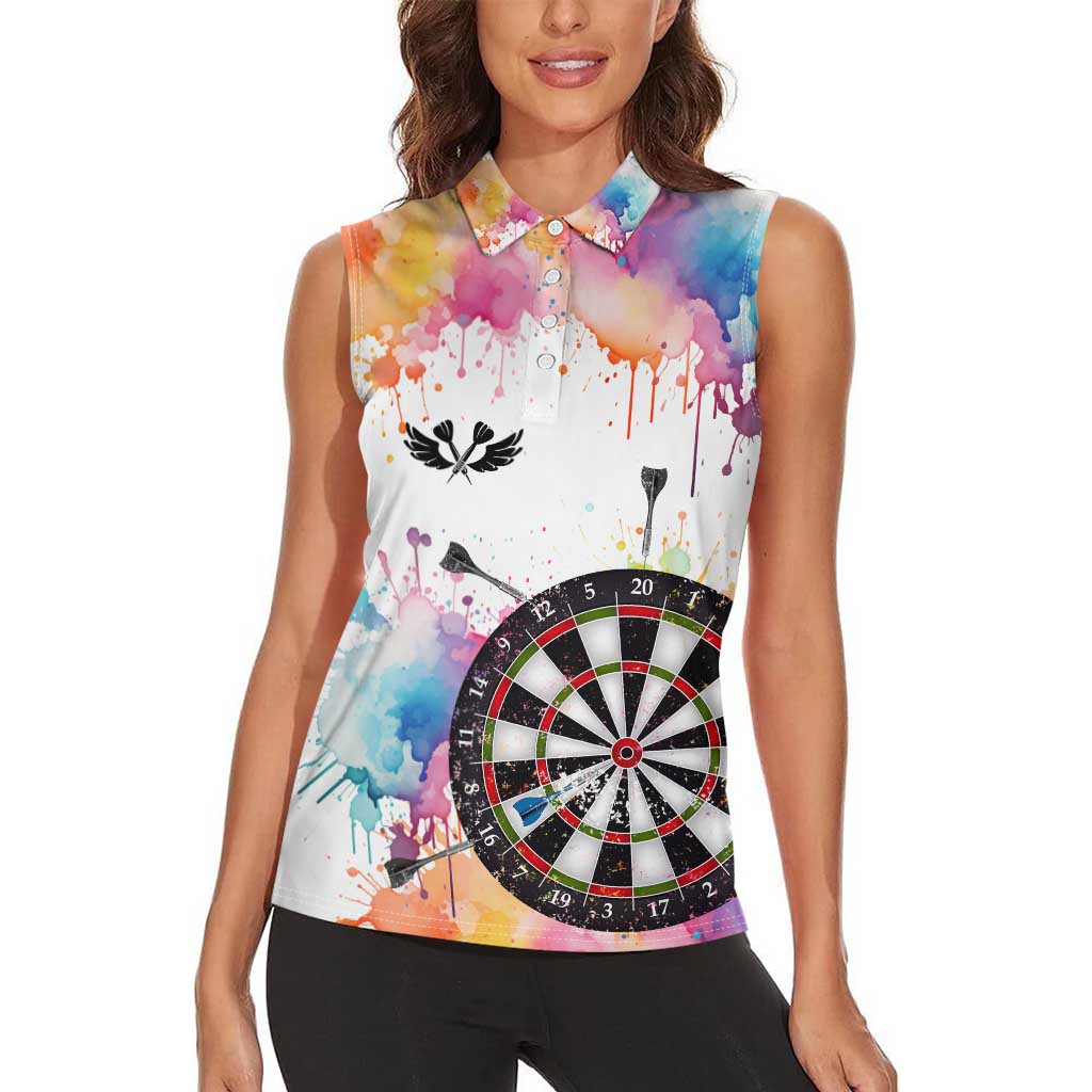 Custom Name Darts Women Sleeveless Polo Shirt Funny Dartboards Colorful Paint Aim Shoot Swear Repeat - Wonder Print Shop