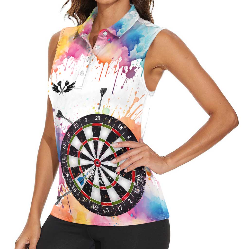 Custom Name Darts Women Sleeveless Polo Shirt Funny Dartboards Colorful Paint Aim Shoot Swear Repeat - Wonder Print Shop