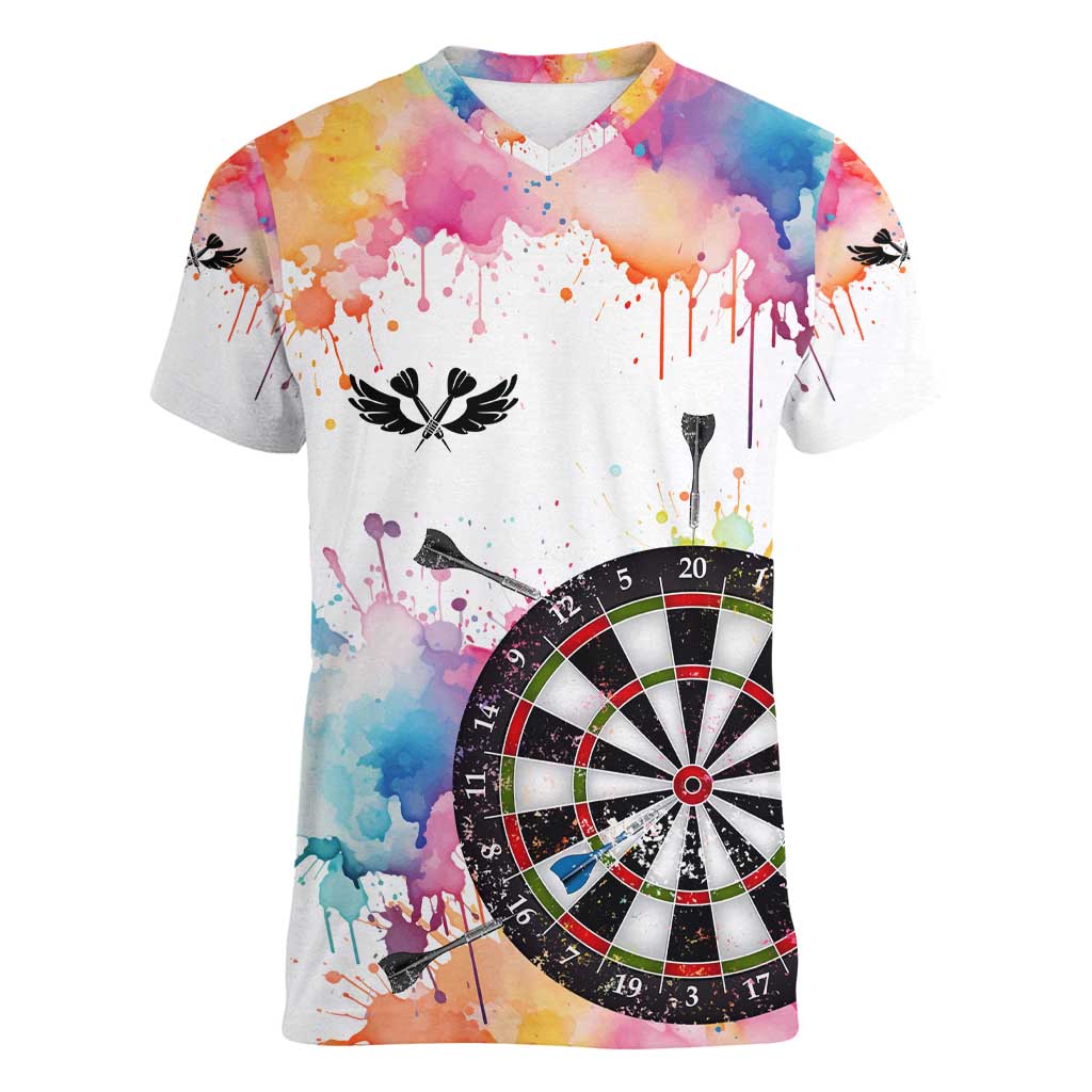 Custom Name Darts Women V-Neck T-Shirt Funny Dartboards Colorful Paint Aim Shoot Swear Repeat - Wonder Print Shop