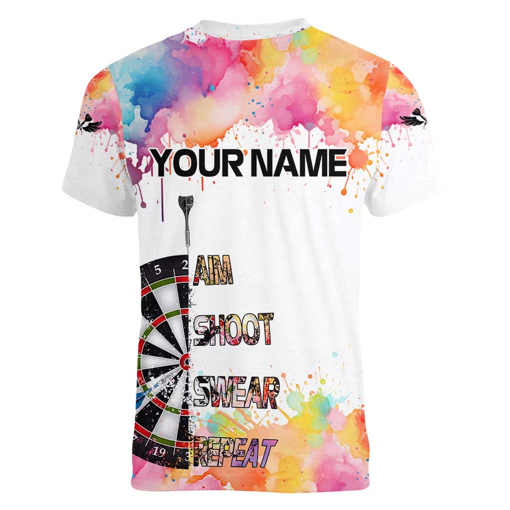 Custom Name Darts Women V-Neck T-Shirt Funny Dartboards Colorful Paint Aim Shoot Swear Repeat - Wonder Print Shop