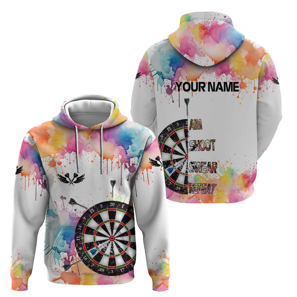 Custom Name Darts Zip Hoodie Funny Dartboards Colorful Paint Aim Shoot Swear Repeat - Wonder Print Shop