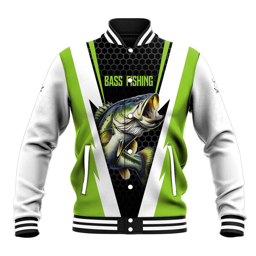 Personalized Custom Bass Fishing Baseball Jacket Jumping Fish Graphic and Green Black Honeycomb - Wonder Print Shop