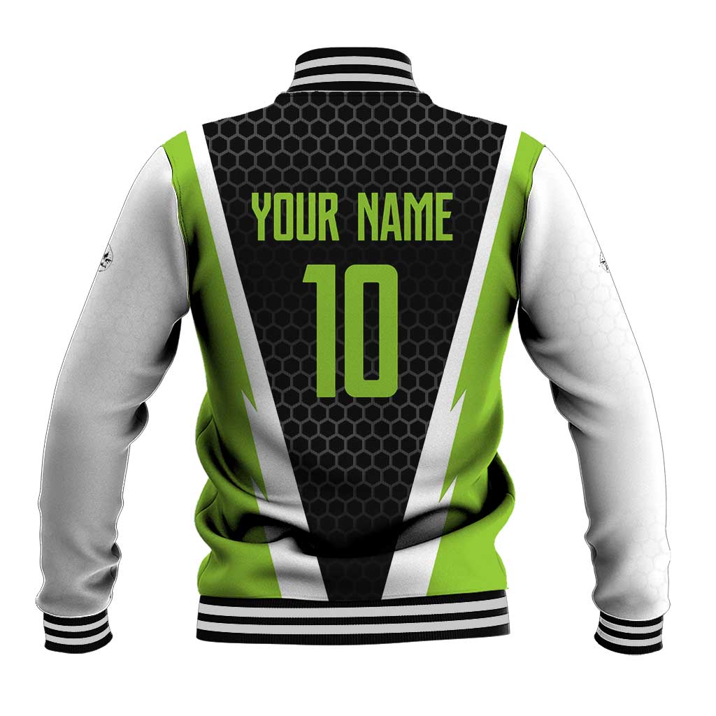 Personalized Custom Bass Fishing Baseball Jacket Jumping Fish Graphic and Green Black Honeycomb - Wonder Print Shop