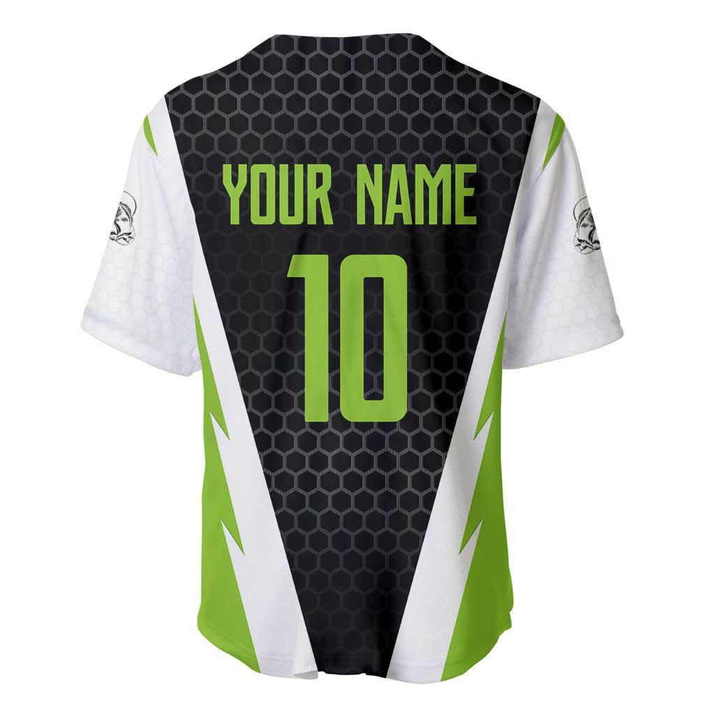 Personalized Custom Bass Fishing Baseball Jersey Jumping Fish Graphic and Green Black Honeycomb - Wonder Print Shop
