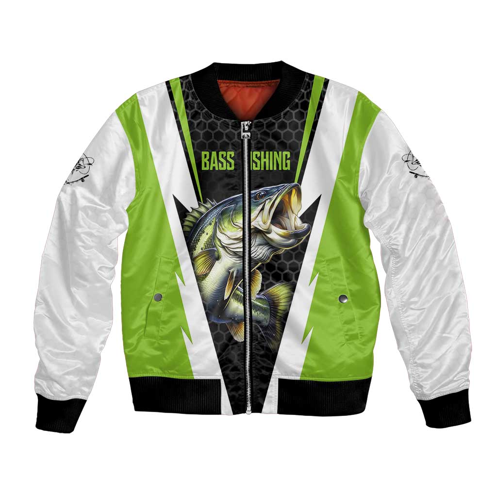 Personalized Custom Bass Fishing Bomber Jacket Jumping Fish Graphic and Green Black Honeycomb - Wonder Print Shop