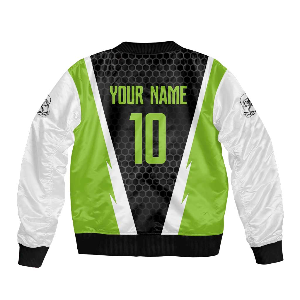 Personalized Custom Bass Fishing Bomber Jacket Jumping Fish Graphic and Green Black Honeycomb - Wonder Print Shop