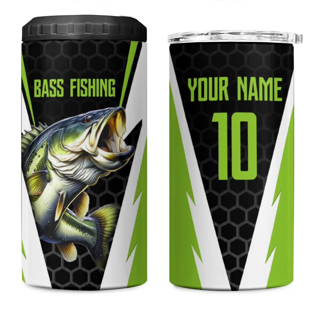 Personalized Custom Bass Fishing 4 in 1 Can Cooler Tumbler Jumping Fish Graphic and Green Black Honeycomb - Wonder Print Shop