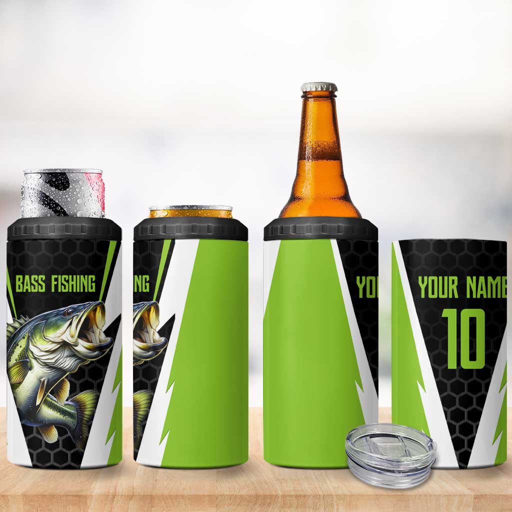 Personalized Custom Bass Fishing 4 in 1 Can Cooler Tumbler Jumping Fish Graphic and Green Black Honeycomb - Wonder Print Shop