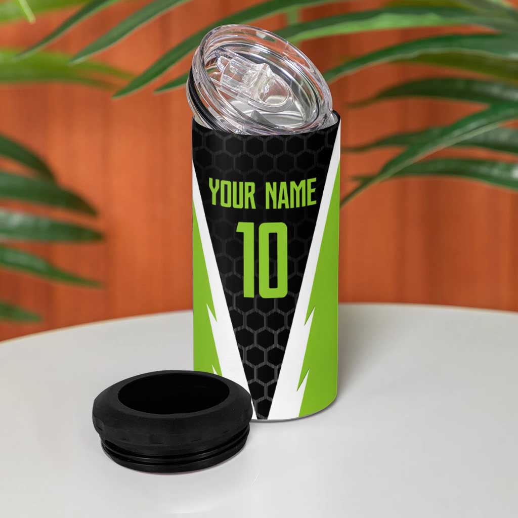 Personalized Custom Bass Fishing 4 in 1 Can Cooler Tumbler Jumping Fish Graphic and Green Black Honeycomb - Wonder Print Shop