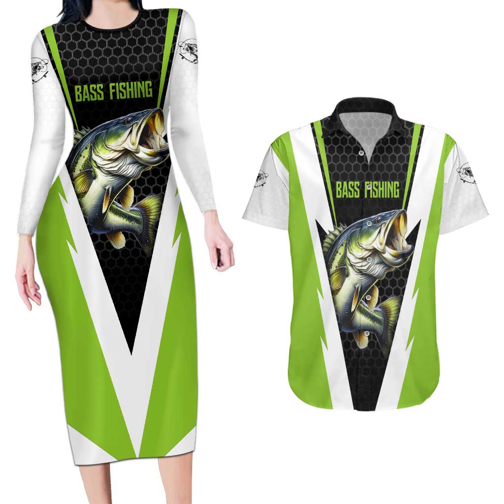 Personalized Custom Bass Fishing Couples Matching Long Sleeve Bodycon Dress and Hawaiian Shirt Jumping Fish Graphic and Green Black Honeycomb - Wonder Print Shop