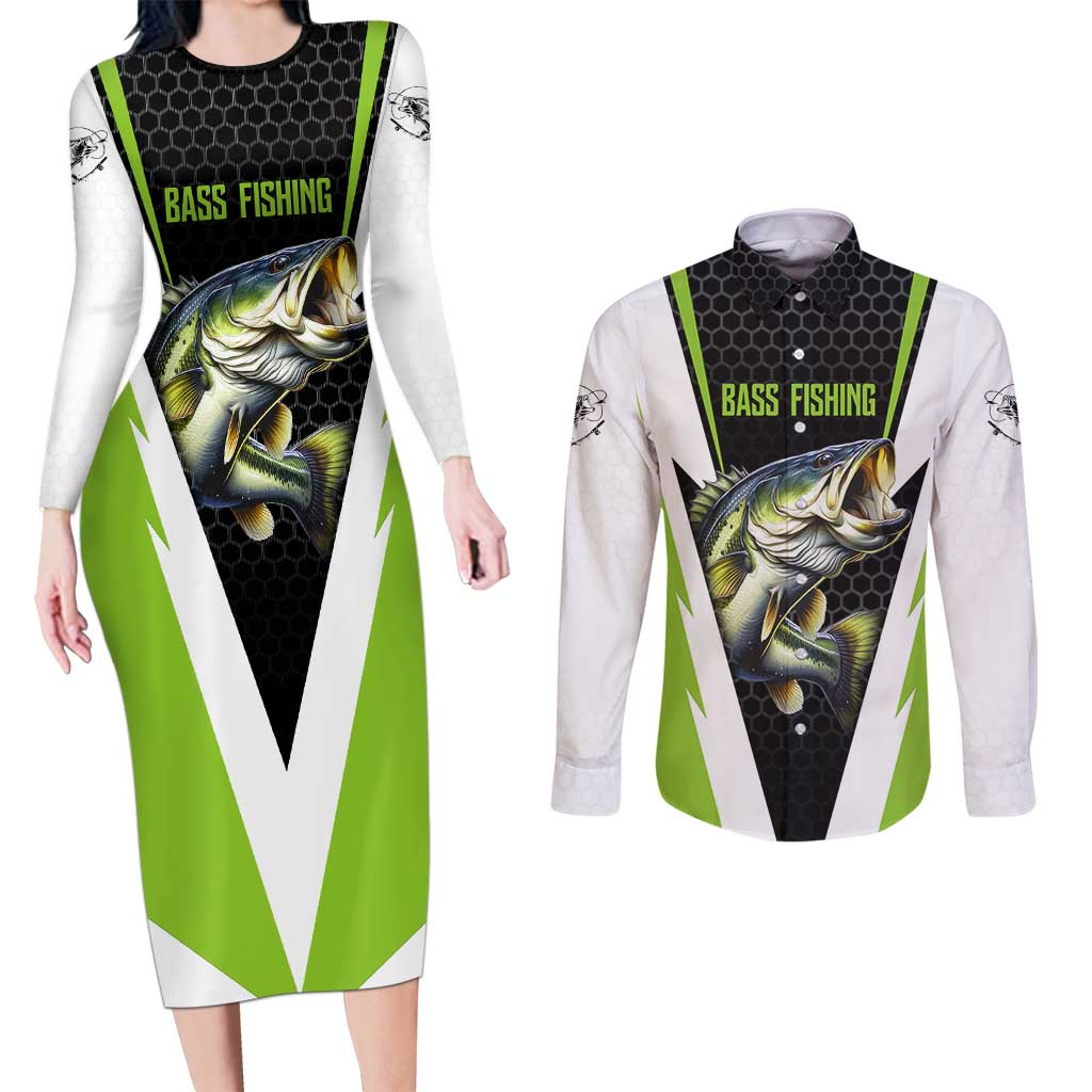 Personalized Custom Bass Fishing Couples Matching Long Sleeve Bodycon Dress and Long Sleeve Button Shirt Jumping Fish Graphic and Green Black Honeycomb - Wonder Print Shop