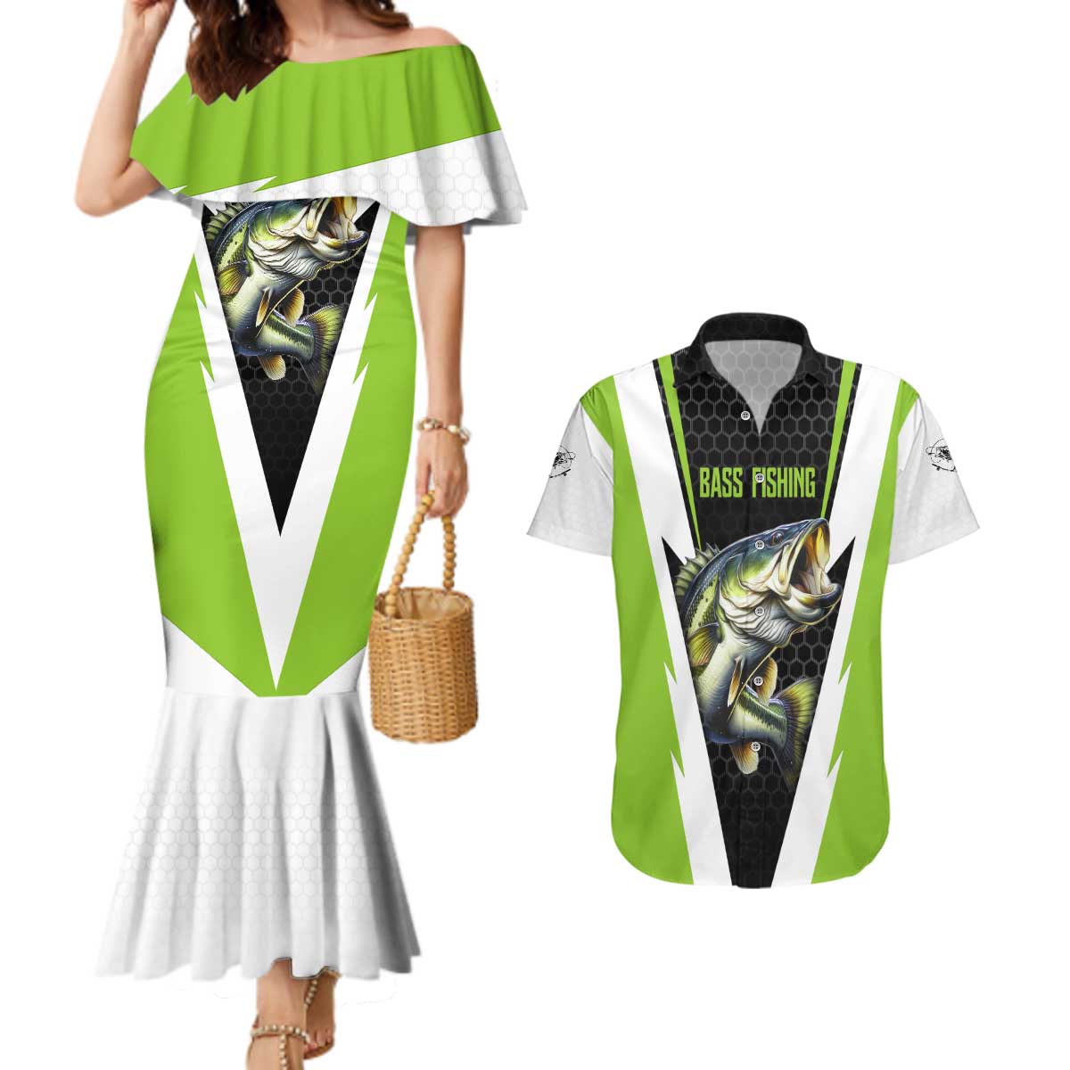 Personalized Custom Bass Fishing Couples Matching Mermaid Dress and Hawaiian Shirt Jumping Fish Graphic and Green Black Honeycomb - Wonder Print Shop