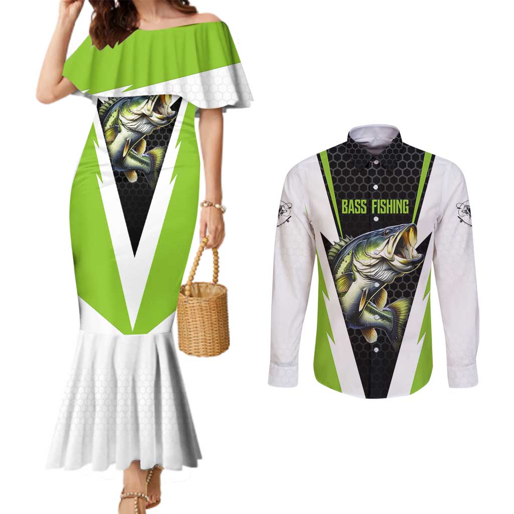 Personalized Custom Bass Fishing Couples Matching Mermaid Dress and Long Sleeve Button Shirt Jumping Fish Graphic and Green Black Honeycomb - Wonder Print Shop
