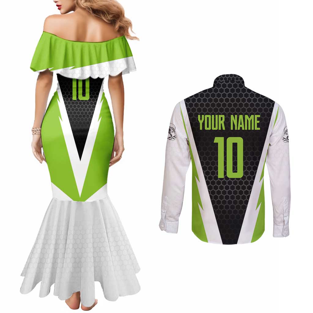 Personalized Custom Bass Fishing Couples Matching Mermaid Dress and Long Sleeve Button Shirt Jumping Fish Graphic and Green Black Honeycomb - Wonder Print Shop