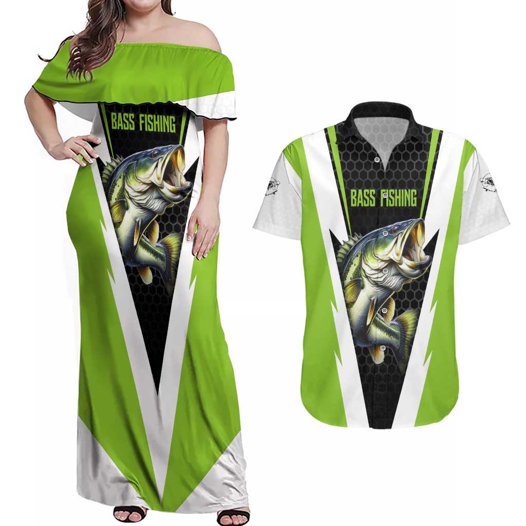 Personalized Custom Bass Fishing Couples Matching Off Shoulder Maxi Dress and Hawaiian Shirt Jumping Fish Graphic and Green Black Honeycomb - Wonder Print Shop