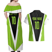 Personalized Custom Bass Fishing Couples Matching Off Shoulder Maxi Dress and Hawaiian Shirt Jumping Fish Graphic and Green Black Honeycomb - Wonder Print Shop