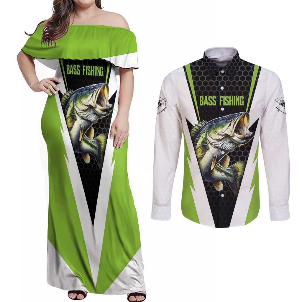 Personalized Custom Bass Fishing Couples Matching Off Shoulder Maxi Dress and Long Sleeve Button Shirt Jumping Fish Graphic and Green Black Honeycomb - Wonder Print Shop