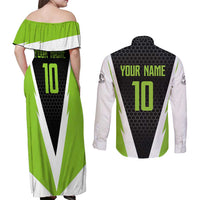Personalized Custom Bass Fishing Couples Matching Off Shoulder Maxi Dress and Long Sleeve Button Shirt Jumping Fish Graphic and Green Black Honeycomb - Wonder Print Shop