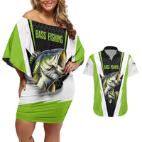 Personalized Custom Bass Fishing Couples Matching Off Shoulder Short Dress and Hawaiian Shirt Jumping Fish Graphic and Green Black Honeycomb - Wonder Print Shop