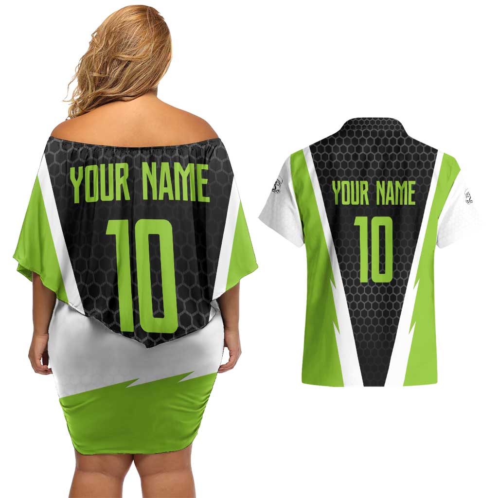 Personalized Custom Bass Fishing Couples Matching Off Shoulder Short Dress and Hawaiian Shirt Jumping Fish Graphic and Green Black Honeycomb - Wonder Print Shop