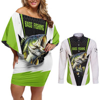 Personalized Custom Bass Fishing Couples Matching Off Shoulder Short Dress and Long Sleeve Button Shirt Jumping Fish Graphic and Green Black Honeycomb - Wonder Print Shop