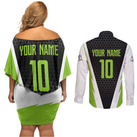 Personalized Custom Bass Fishing Couples Matching Off Shoulder Short Dress and Long Sleeve Button Shirt Jumping Fish Graphic and Green Black Honeycomb - Wonder Print Shop