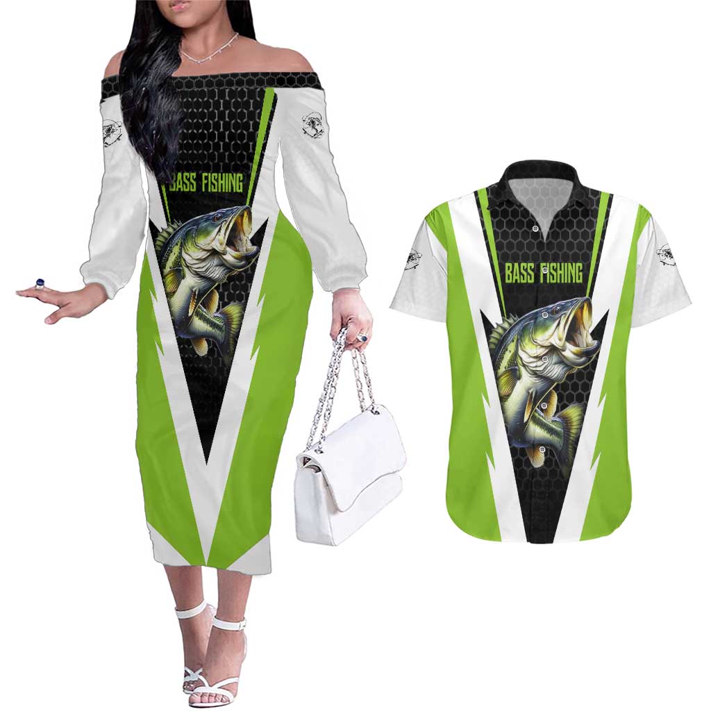 Personalized Custom Bass Fishing Couples Matching Off The Shoulder Long Sleeve Dress and Hawaiian Shirt Jumping Fish Graphic and Green Black Honeycomb - Wonder Print Shop