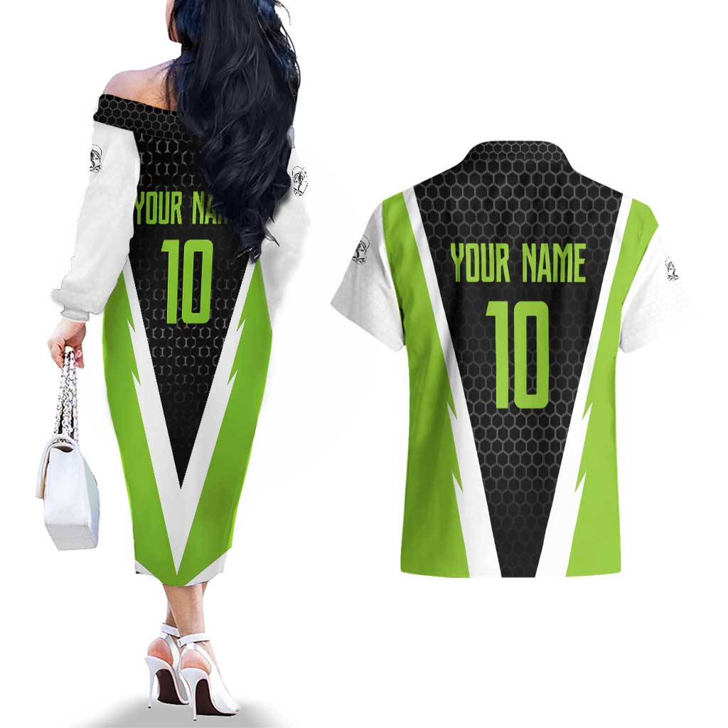 Personalized Custom Bass Fishing Couples Matching Off The Shoulder Long Sleeve Dress and Hawaiian Shirt Jumping Fish Graphic and Green Black Honeycomb - Wonder Print Shop