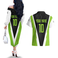 Personalized Custom Bass Fishing Couples Matching Off The Shoulder Long Sleeve Dress and Hawaiian Shirt Jumping Fish Graphic and Green Black Honeycomb - Wonder Print Shop