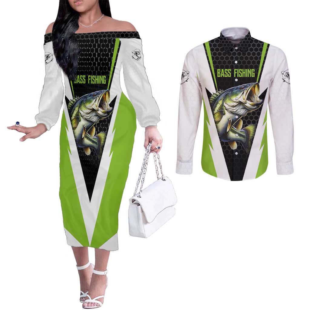 Personalized Custom Bass Fishing Couples Matching Off The Shoulder Long Sleeve Dress and Long Sleeve Button Shirt Jumping Fish Graphic and Green Black Honeycomb - Wonder Print Shop