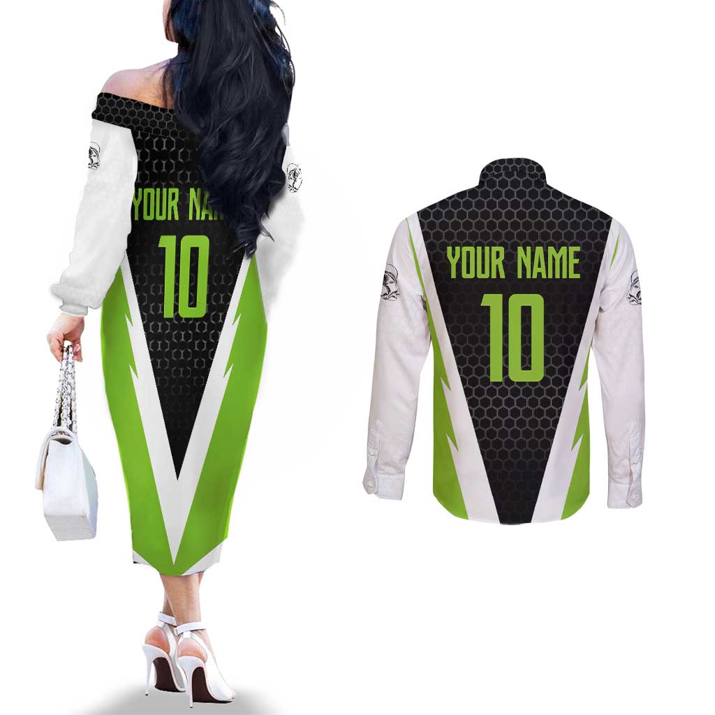 Personalized Custom Bass Fishing Couples Matching Off The Shoulder Long Sleeve Dress and Long Sleeve Button Shirt Jumping Fish Graphic and Green Black Honeycomb - Wonder Print Shop