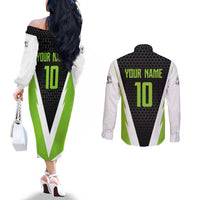 Personalized Custom Bass Fishing Couples Matching Off The Shoulder Long Sleeve Dress and Long Sleeve Button Shirt Jumping Fish Graphic and Green Black Honeycomb - Wonder Print Shop