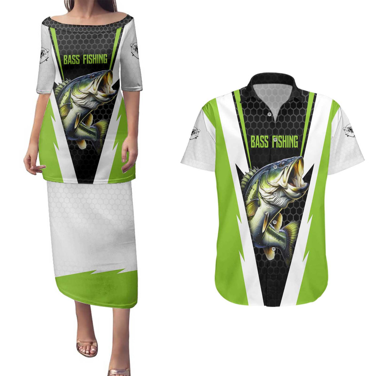 Personalized Custom Bass Fishing Couples Matching Puletasi and Hawaiian Shirt Jumping Fish Graphic and Green Black Honeycomb - Wonder Print Shop
