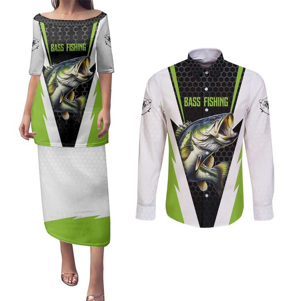 Personalized Custom Bass Fishing Couples Matching Puletasi and Long Sleeve Button Shirt Jumping Fish Graphic and Green Black Honeycomb - Wonder Print Shop