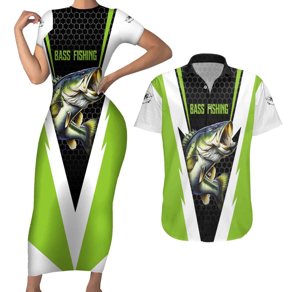 Personalized Custom Bass Fishing Couples Matching Short Sleeve Bodycon Dress and Hawaiian Shirt Jumping Fish Graphic and Green Black Honeycomb - Wonder Print Shop