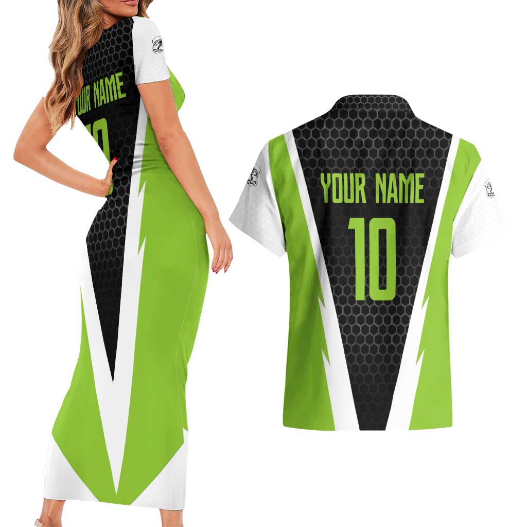 Personalized Custom Bass Fishing Couples Matching Short Sleeve Bodycon Dress and Hawaiian Shirt Jumping Fish Graphic and Green Black Honeycomb - Wonder Print Shop