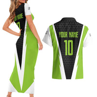 Personalized Custom Bass Fishing Couples Matching Short Sleeve Bodycon Dress and Hawaiian Shirt Jumping Fish Graphic and Green Black Honeycomb - Wonder Print Shop