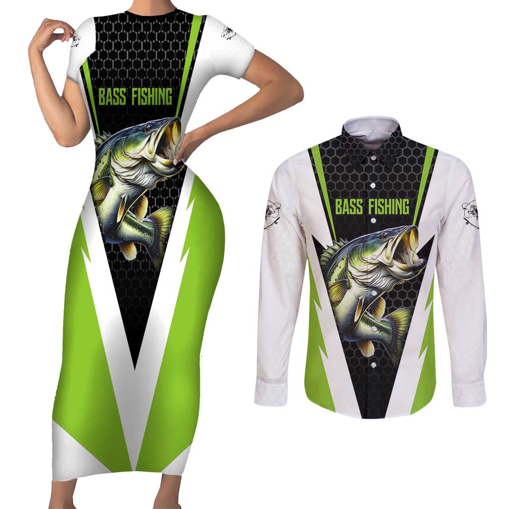 Personalized Custom Bass Fishing Couples Matching Short Sleeve Bodycon Dress and Long Sleeve Button Shirt Jumping Fish Graphic and Green Black Honeycomb - Wonder Print Shop