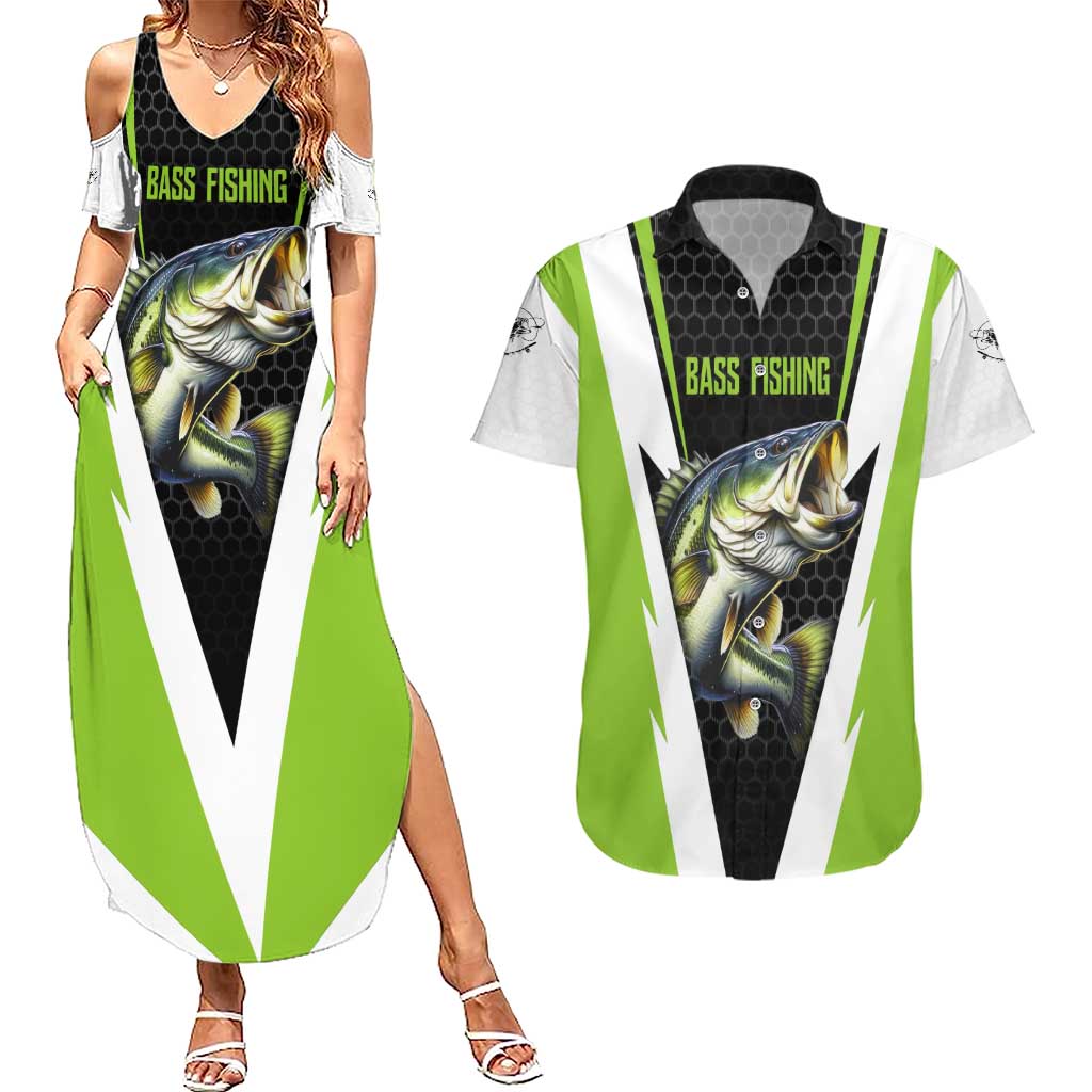 Personalized Custom Bass Fishing Couples Matching Summer Maxi Dress and Hawaiian Shirt Jumping Fish Graphic and Green Black Honeycomb - Wonder Print Shop