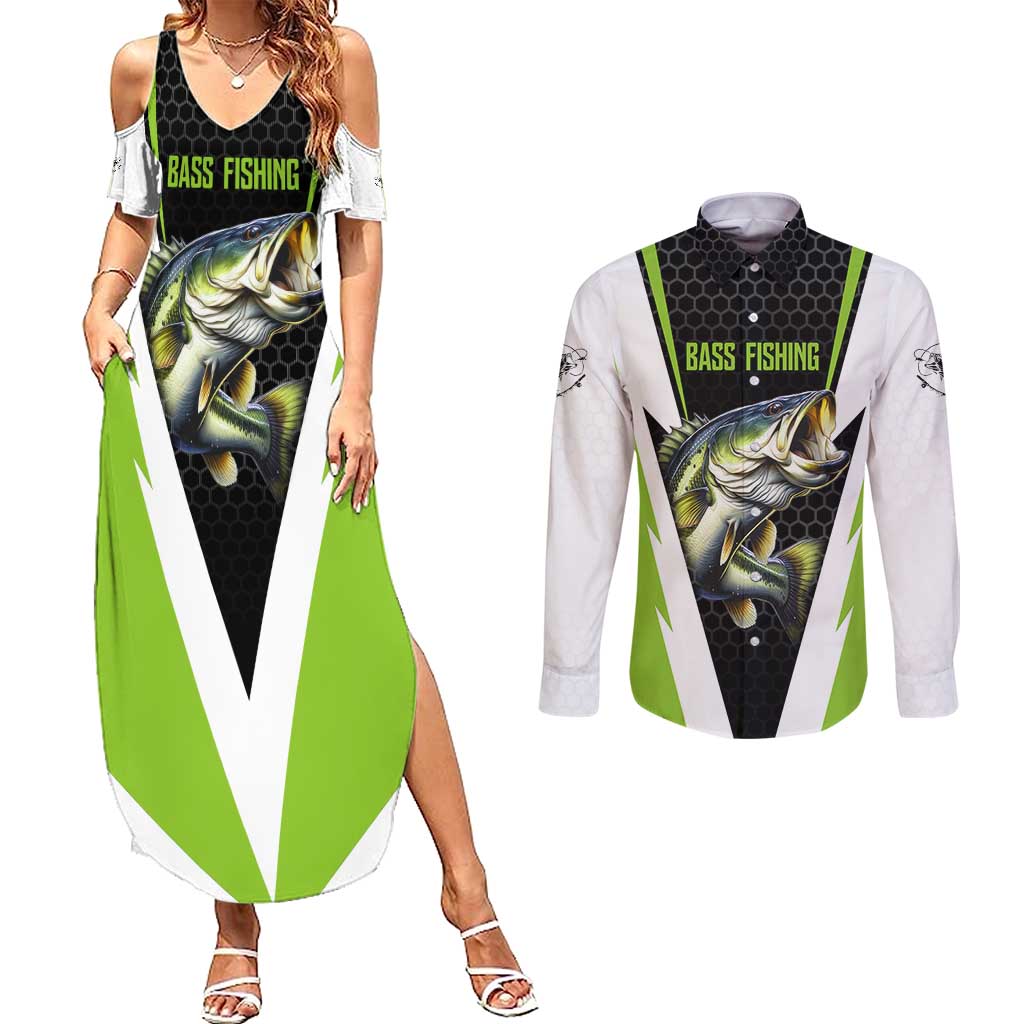 Personalized Custom Bass Fishing Couples Matching Summer Maxi Dress and Long Sleeve Button Shirt Jumping Fish Graphic and Green Black Honeycomb - Wonder Print Shop